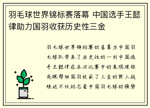 羽毛球世界锦标赛落幕 中国选手王懿律助力国羽收获历史性三金